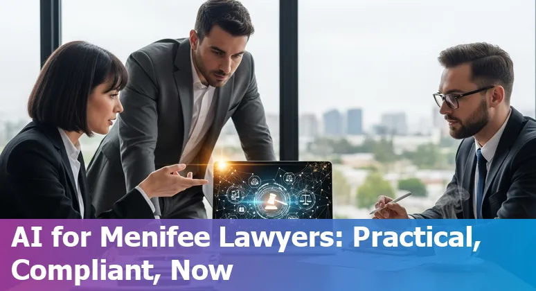 Menifee, California lawyer using AI-assisted legal tools on a laptop with California map in background