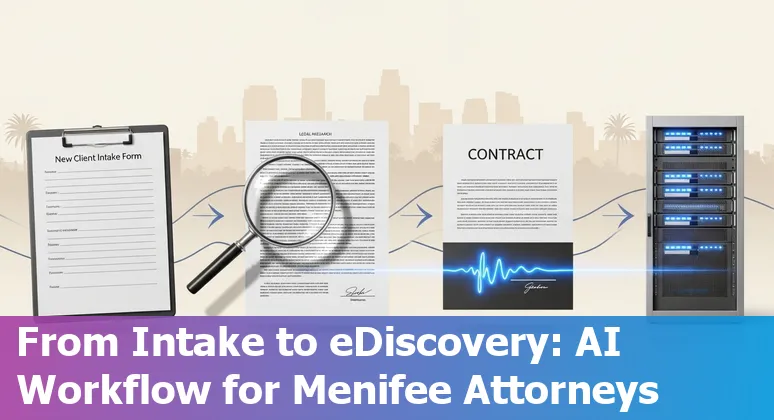 Lawyer using AI tools on laptop with Menifee map overlay and legal documents.