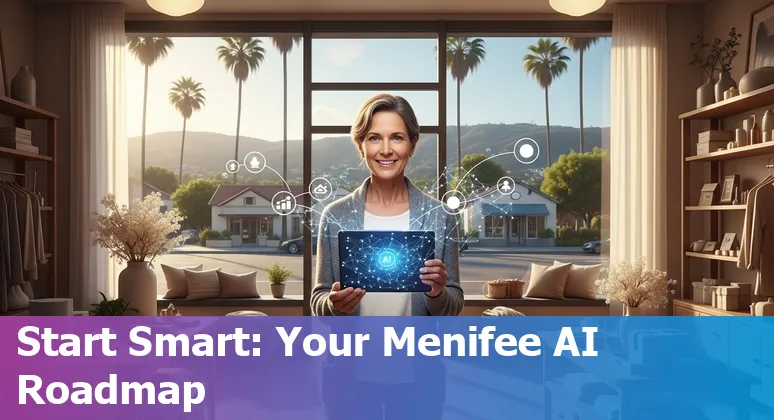 AI in retail storefront with Menifee, California skyline and smart city icons (2025)