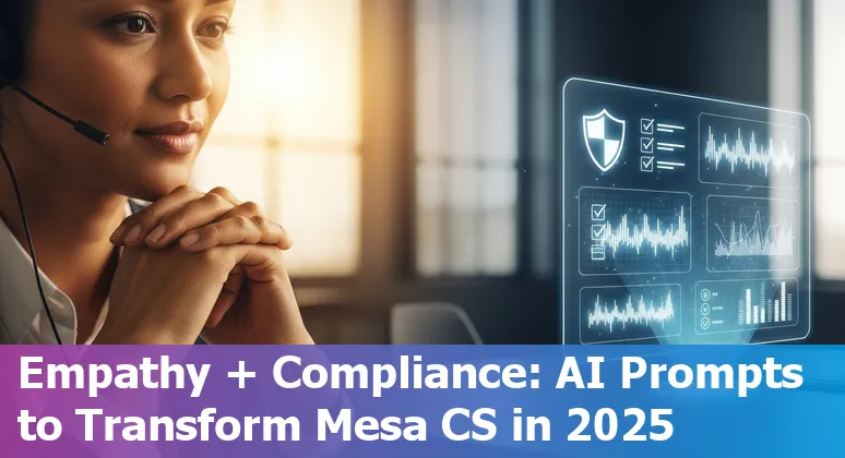 Customer service agent using AI prompts on a laptop with Mesa, Arizona skyline in the background.