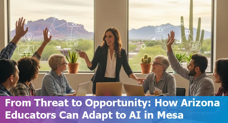 Mesa classroom with educators using AI tools on laptops; skyline of Mesa, Arizona in background.
