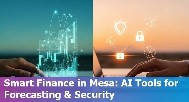 Laptop showing finance dashboards and AI tool logos with Mesa city skyline in the background