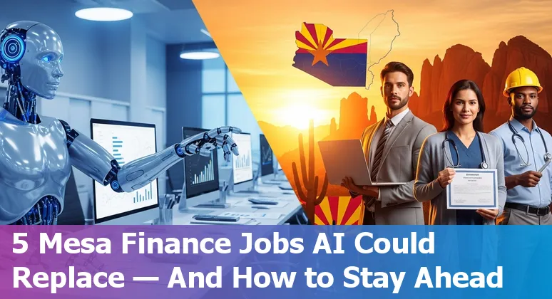 Mesa financial services workers learning AI tools and upskilling with a laptop, local skyline in background