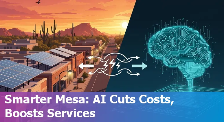 City of Mesa, Arizona cityscape with AI and smart city icons showing efficiency and cost savings in Mesa, Arizona.
