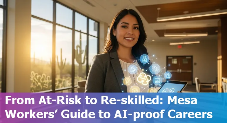 Mesa city hall with overlay icons for AI, data, customer service, legal, payroll, and communications