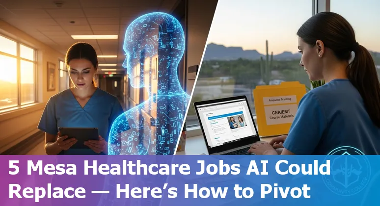 Mesa hospital worker using AI-augmented tools with skyline of Mesa, Arizona in background