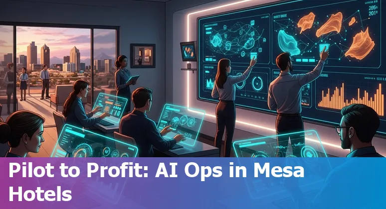 Hotel front desk using AI tools in Mesa, Arizona — AI dashboard showing guest messaging, forecasts, and upsell offers