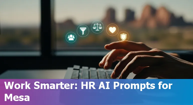 HR professional using AI prompts on a laptop with Mesa, Arizona skyline in background