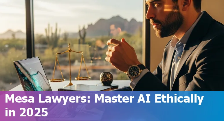 Attorney using AI tools on a laptop with Mesa, Arizona skyline visible; legal documents and ethics guidance for Arizona in 2025