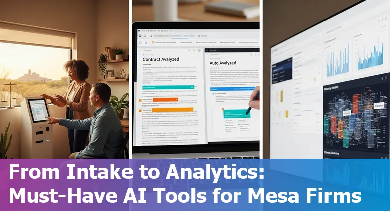 Lawyer at a desk using AI-powered legal software on laptop with Mesa, Arizona skyline in background