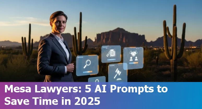 Mesa attorney using AI prompts on a laptop with Phoenix skyline in background, showcasing legal documents and prompt templates.