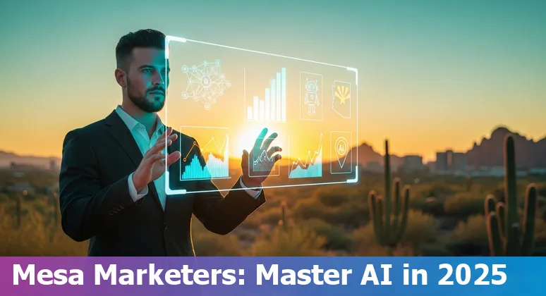 Marketing professional using AI tools in Mesa, Arizona in 2025, laptop screen showing analytics and local campaign map.