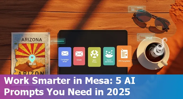 Desk with laptop showing AI prompt templates for Mesa, AZ marketing professionals