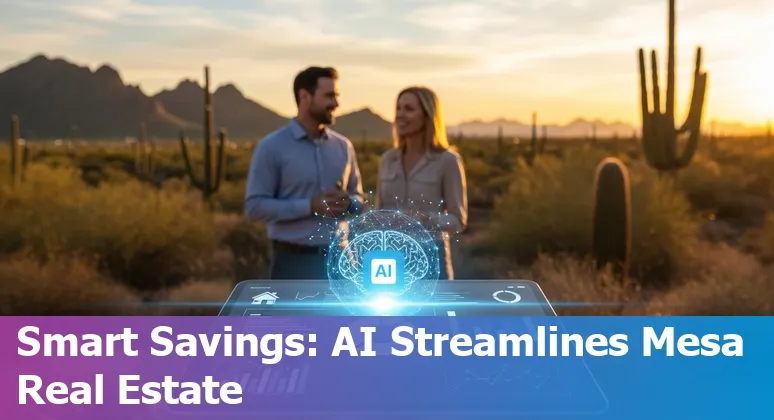 Real estate agent using AI tools on a laptop with Mesa, Arizona skyline in the background
