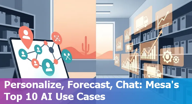 Retail store in Mesa, Arizona with AI icons representing personalization, inventory, chatbots, and autonomous checkout