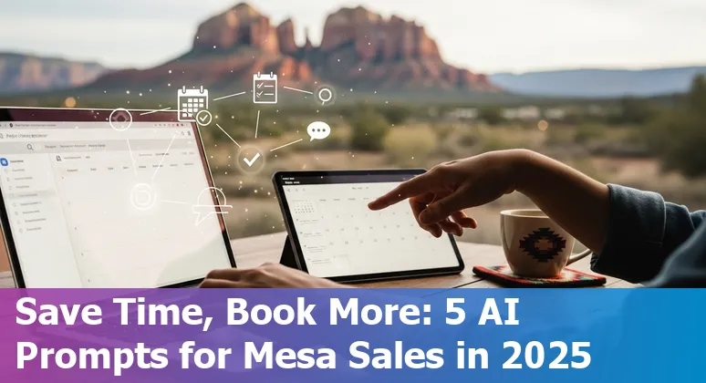 Sales professional using AI prompts on a laptop with Mesa, Arizona skyline in background