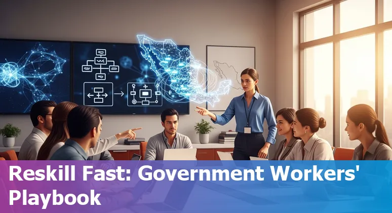 Government worker using computer with AI icons overlay, representing job adaptation in Mexico