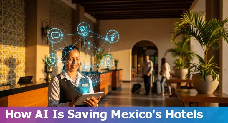 Hotel front desk with AI chatbot and keyless mobile entry in a Mexico hotel lobby