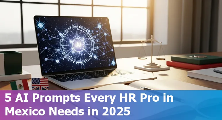 HR professional in Mexico using AI on a laptop with bilingual prompts, a legal checklist, and benefits documents on screen