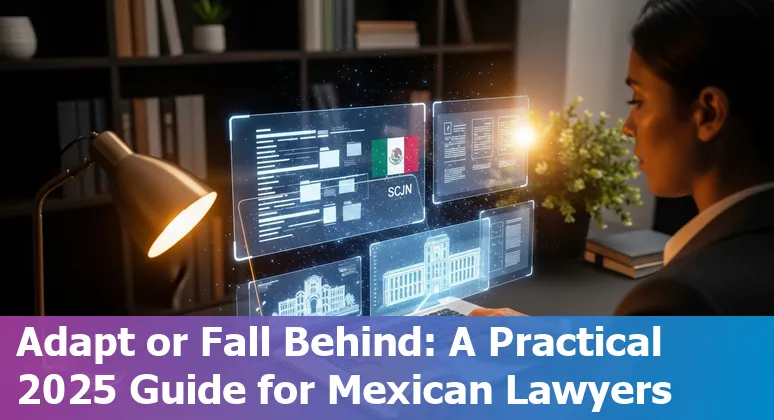 Infographic of AI's impact on legal jobs in Mexico (2025), showing laws like LFPDPPP and SCJN rulings and skills to adapt