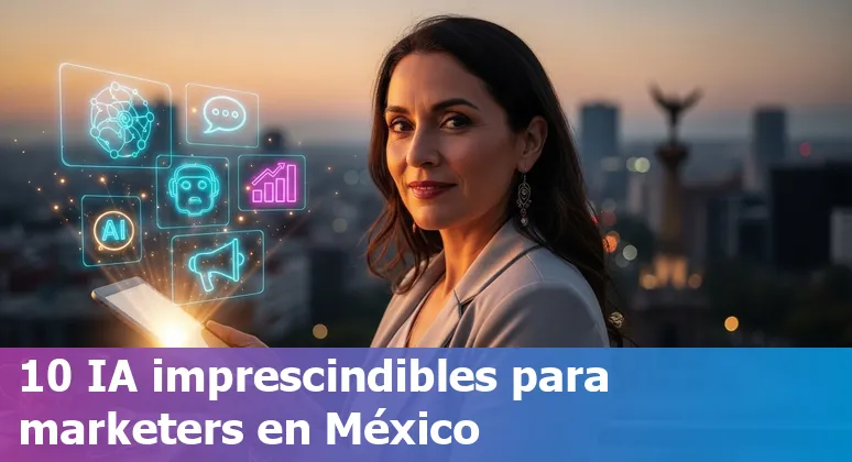 Collage of AI marketing tool logos with a marketer working on a laptop, accented with Mexican flag colors