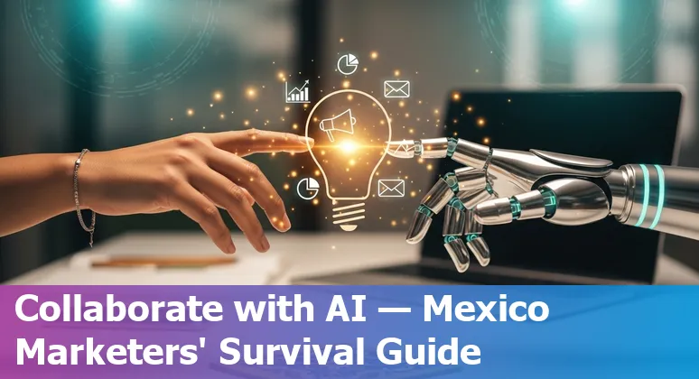 Illustration of AI and marketing tools with Mexican flag overlay representing marketing jobs in Mexico, 2025
