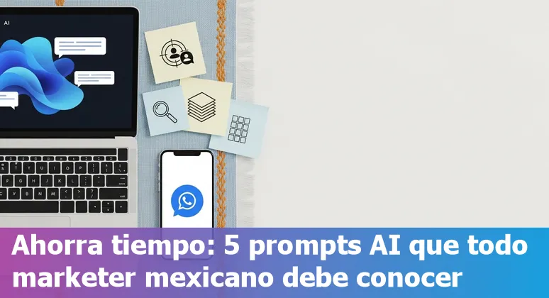 Illustration of Mexican marketing team using AI prompts: ICP, RAG campaign plan, WhatsApp chatbot, SEO, and ad creative testing.