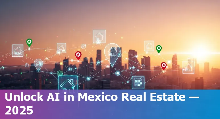 Illustration of AI-driven real estate tools over a Mexico City skyline map, highlighting Mexico's 2025 market.