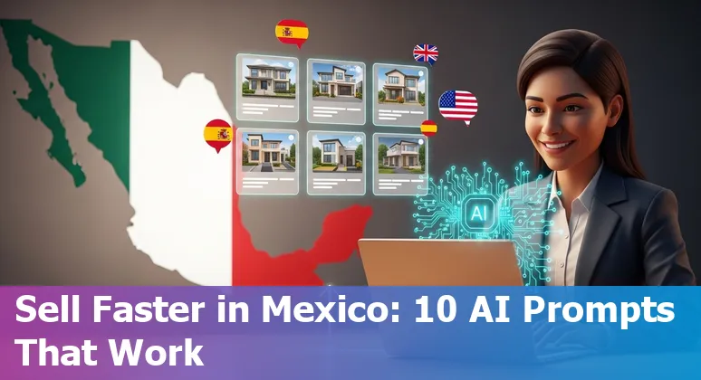 Agent using AI-generated property descriptions and virtual staging on a laptop for a Mexico City listing