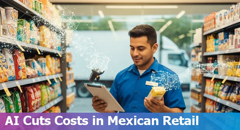 AI-powered retail dashboard and store scene in Mexico showing inventory, pricing and payments analytics