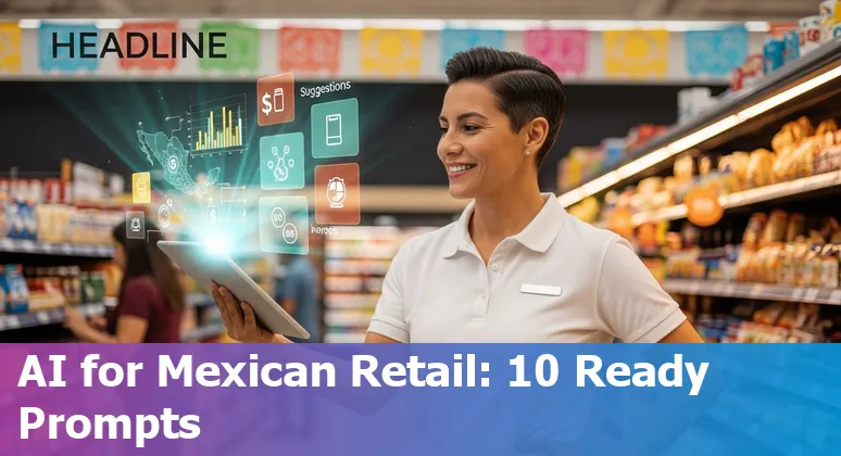 Illustration of AI-powered retail in Mexico: store, delivery truck, WhatsApp chat, and data graphs over a Mexican map.