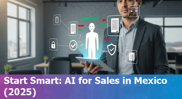Sales professional using AI dashboard with Mexican flag and a map of Mexico in the background — AI in Mexico 2025