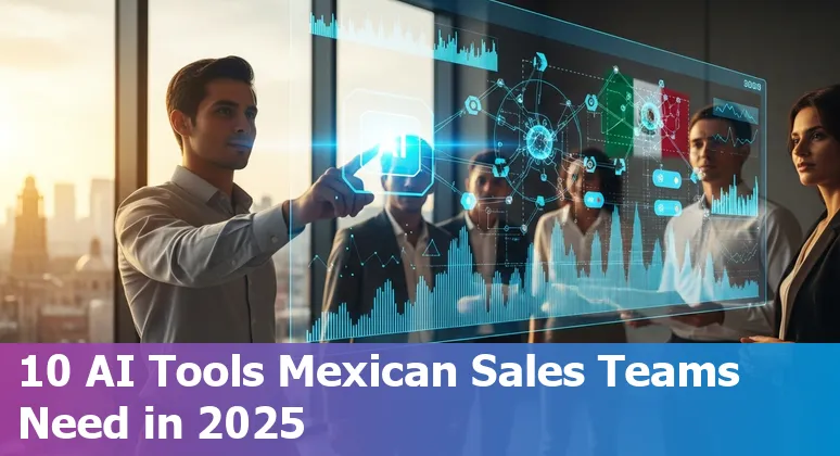 Collage of AI sales tools logos and a Mexican sales professional using a laptop, representing AI-powered prospecting and outreach in Mexico 2025