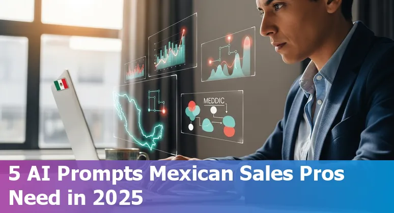Sales professional using AI prompts on laptop with Mexican business context and bilingual notes