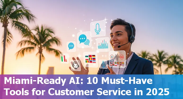 Illustration of Miami customer service agents using AI chatbots on multilingual devices with icons for WhatsApp, Instagram, and Zendesk.