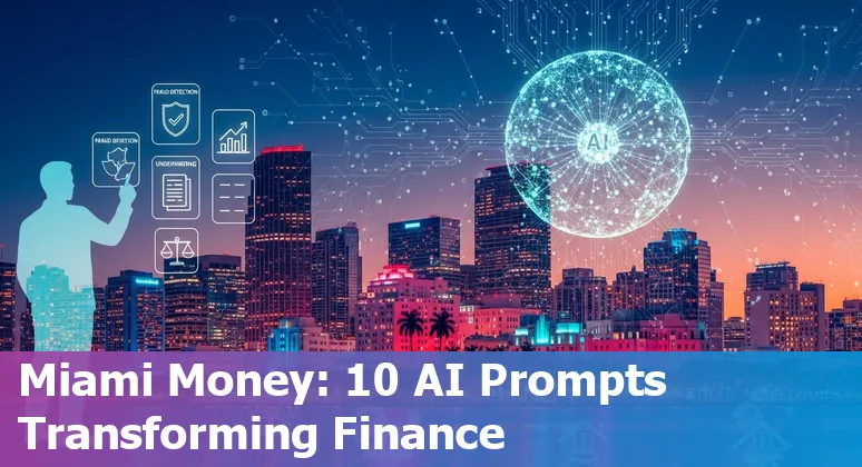 Miami skyline with financial district icons and AI/robotic overlays representing fraud detection, underwriting, and voice agents.