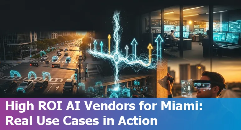 City of Miami government AI use cases illustration: chatbots, public health, emergency maps, and infrastructure sensors.