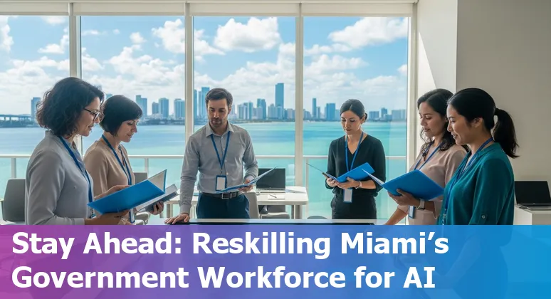 Miami government worker at a desk with AI icons, training resources, and Miami skyline in background