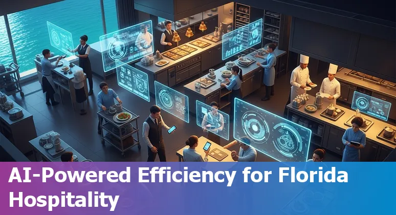 Hotel lobby with AI-powered kiosk in Miami, Florida — AI boosting efficiency and cutting costs
