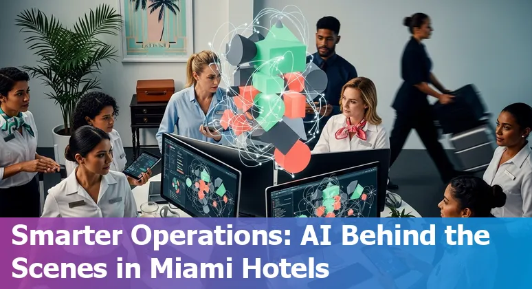 AI in hospitality in Miami, Florida, 2025: hotel staff using AI tools with Miami skyline in background