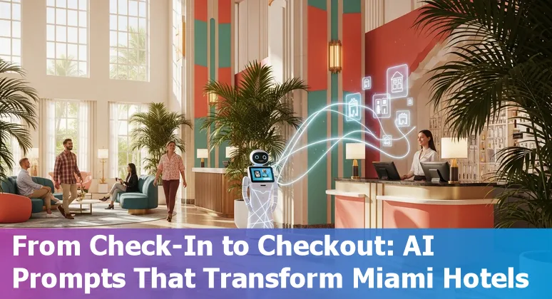 Hotel concierge tablet showing AI chatbot with Miami skyline and palm trees in background.