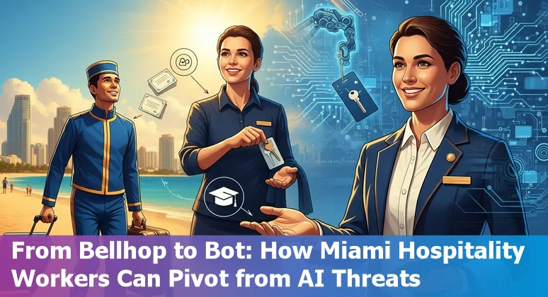 Hotel front desk agent in Miami using a tablet while a digital chatbot and AI icons hover, representing hospitality jobs adapting to AI.