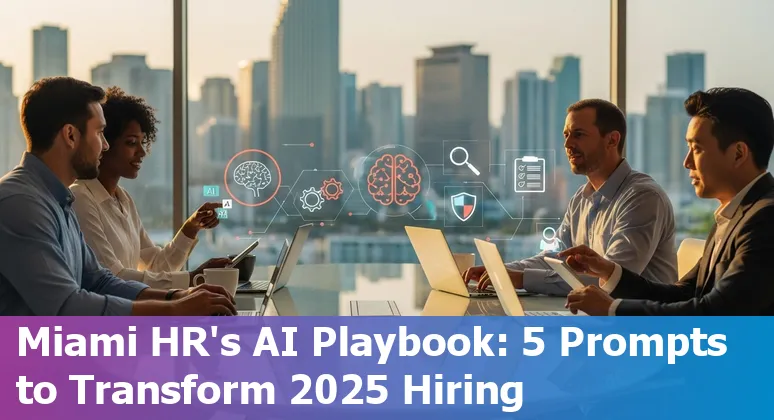 HR professional in Miami using AI on a laptop with Miami skyline in background, Miami-Dade palm trees and airport nearby.