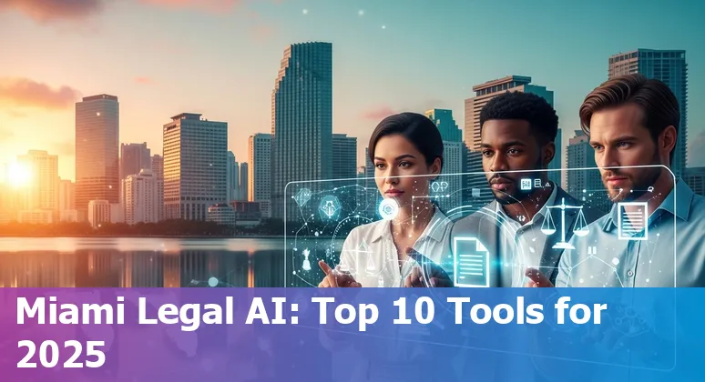 Lawyer using AI tools on laptop with Miami skyline in background, showing legal documents and AI interfaces.