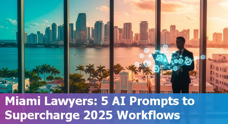 Miami attorney using AI on laptop with skyline and courthouse icons, illustrating Callidus AI, Westlaw Edge, Luminance, and Sprouts AI prompts.