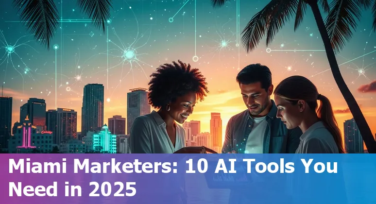 Miami marketer using AI tools on a laptop with Miami skyline and event posters in the background.
