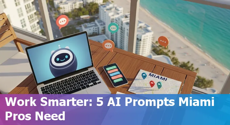 Miami skyline with marketers collaborating and AI prompt templates on a laptop screen