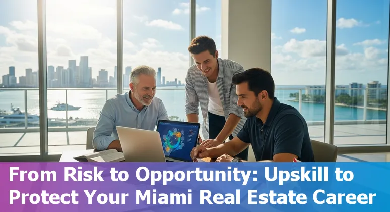 Miami skyline with real estate listings overlay and AI icon, illustrating AI risks and adaptation in Miami real estate