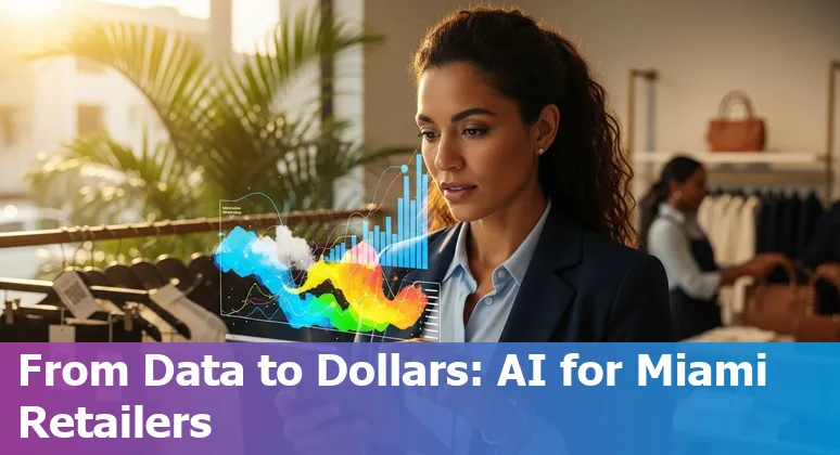 Retail AI in Miami, Florida: store with AI-driven inventory dashboard and shoppers using mobile apps.