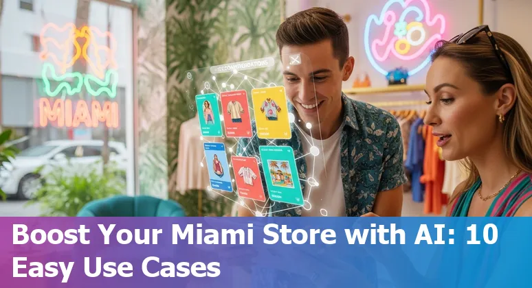 Miami retail storefront with AI icons: shopping assistant, personalization, visual search, and inventory forecasting.